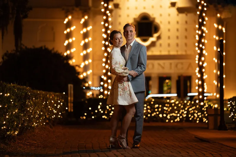 Couple portrait at Casa Monica during Nights of Lights