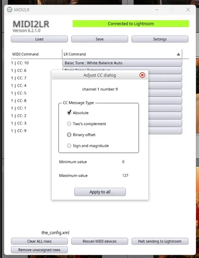 MIDI2LR Adjust CC dialog showing Absolute mode selected for channel 1 number 9, with Minimum value 0 and Maximum value 127