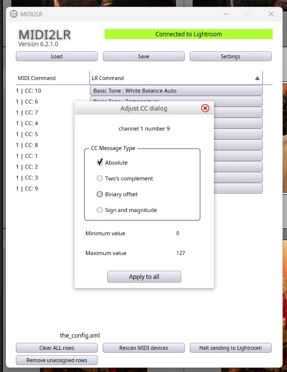 MIDI2LR Adjust CC dialog showing Absolute mode selected for channel 1 number 9, with Minimum value 0 and Maximum value 127