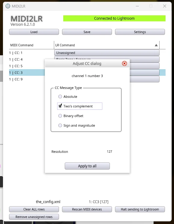 MIDI2LR Adjust CC dialog showing Two's complement selected as the CC Message Type for channel 1 number 3, with Resolution set to 127
