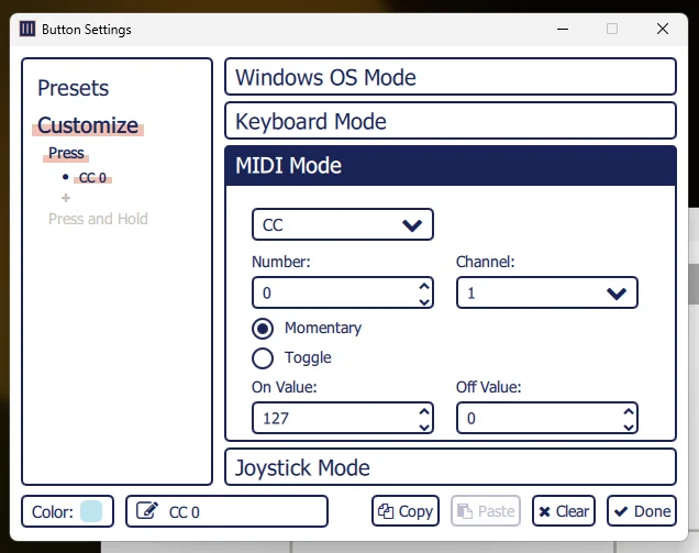 Monogram Creator Button Settings window showing MIDI Mode with CC type, Momentary selected, Channel 1, On Value 127 and Off Value 0