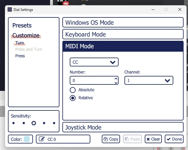 Monogram Creator Dial Settings window showing MIDI Mode selected with CC type, Number 0, Channel 1, and Relative mode enabled