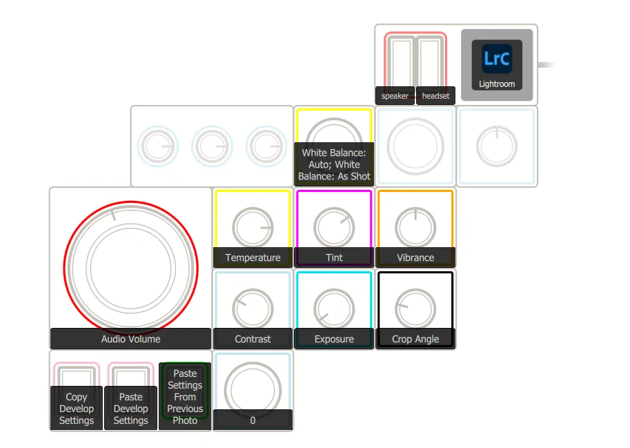 Monogram Creator app showing the original Lightroom Classic module layout with orbiter, dials for Temperature, Tint, Vibrance, Exposure, Contrast, and Crop Angle, plus buttons for Copy and Paste Develop Settings