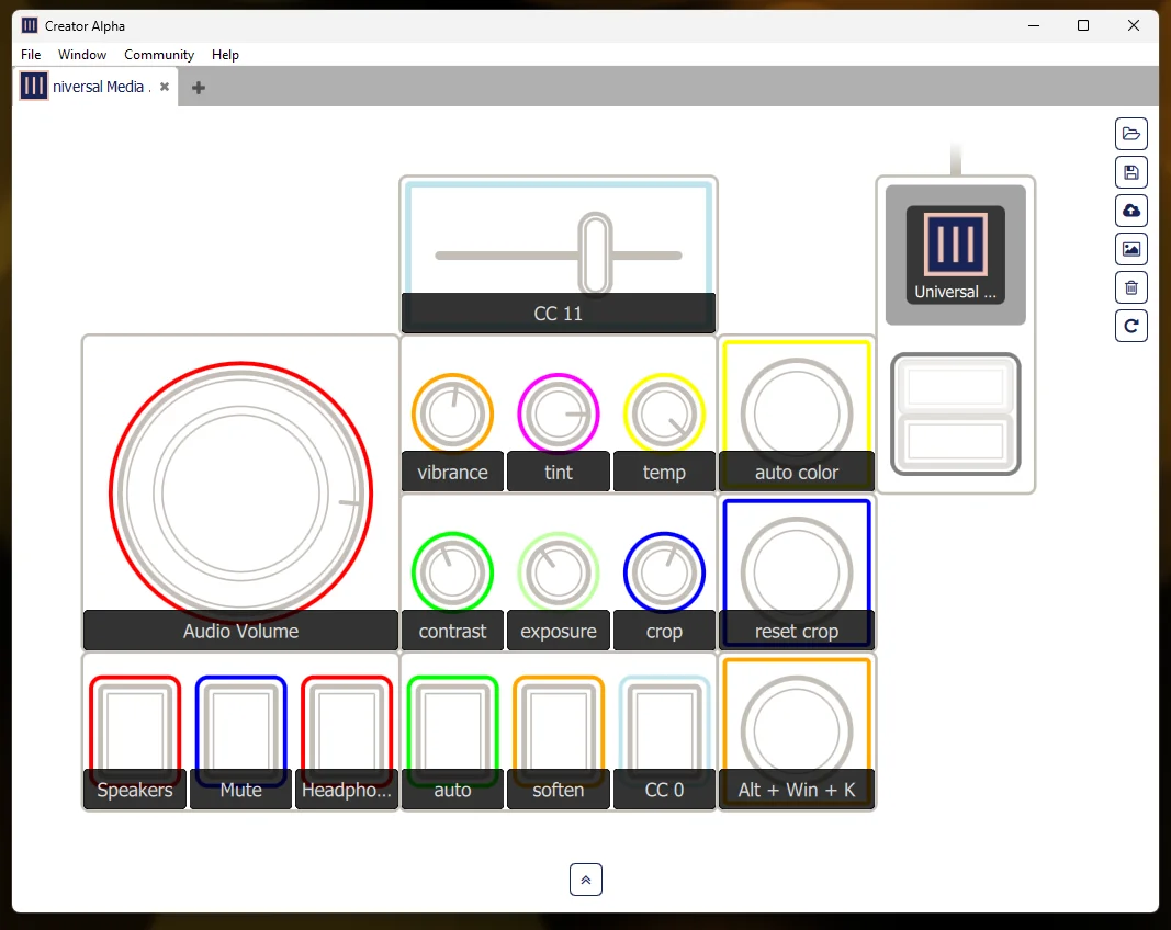 Monogram Creator Alpha app showing the completed Universal MIDI layout with all modules labeled: slider set to CC 11, dials for vibrance, tint, temp, contrast, exposure, crop, and buttons for speakers, mute, headphones, auto, soften, and reset crop