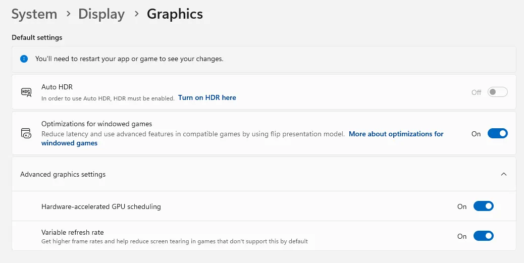 Windows 11 Advanced graphics settings showing Hardware-accelerated GPU scheduling toggle