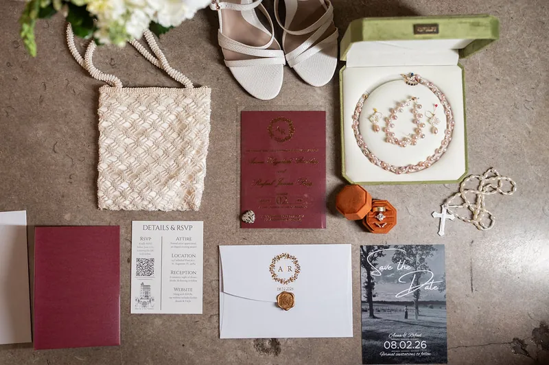 Wedding day details arranged on a neutral surface include white heels, cream invitation suite, burgundy programs, white