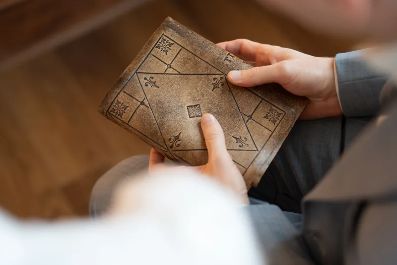 Detail of leather-bound vow book in groom's hands