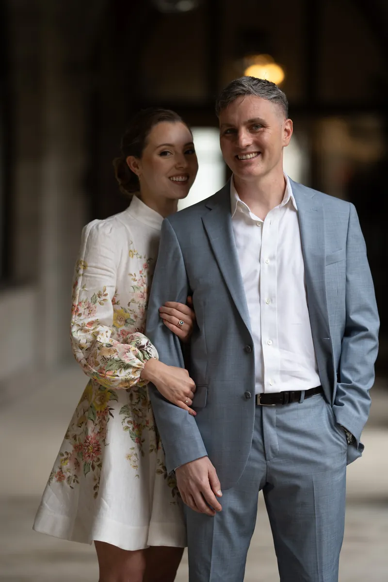 Couple portrait in Lightner Museum arched corridor