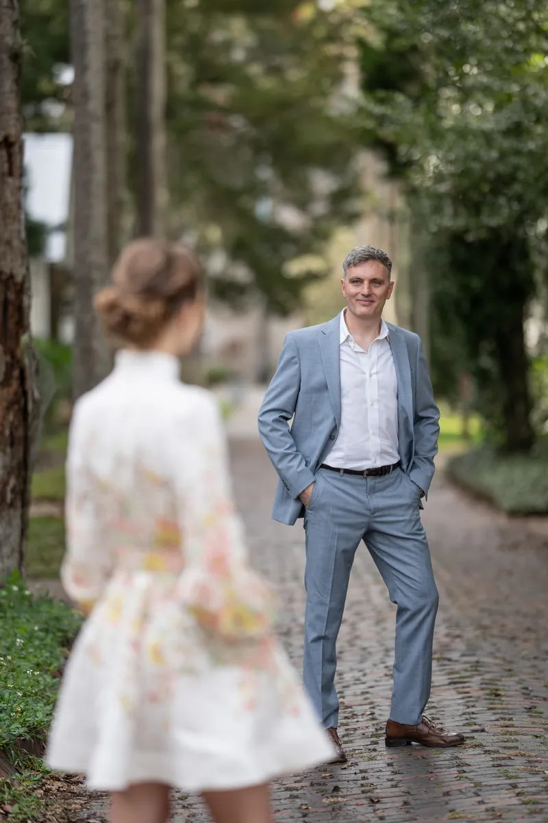 Couple laughing together in corridor