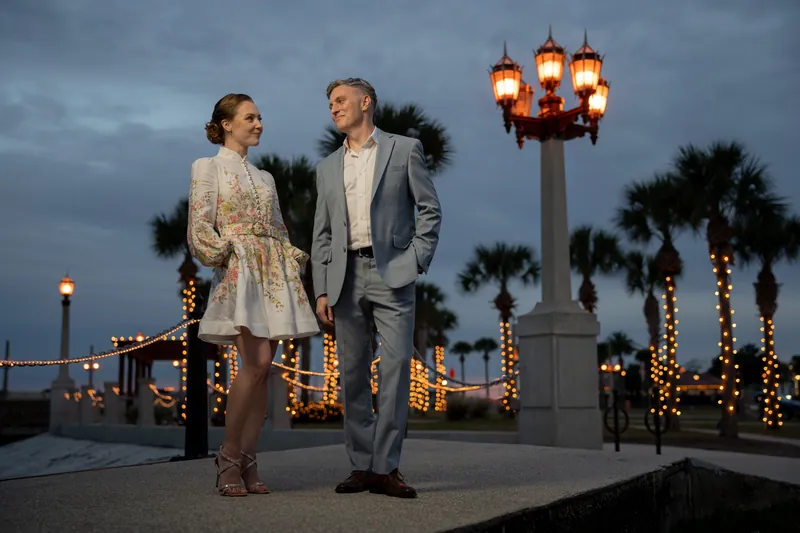 Couple strolling through historic district