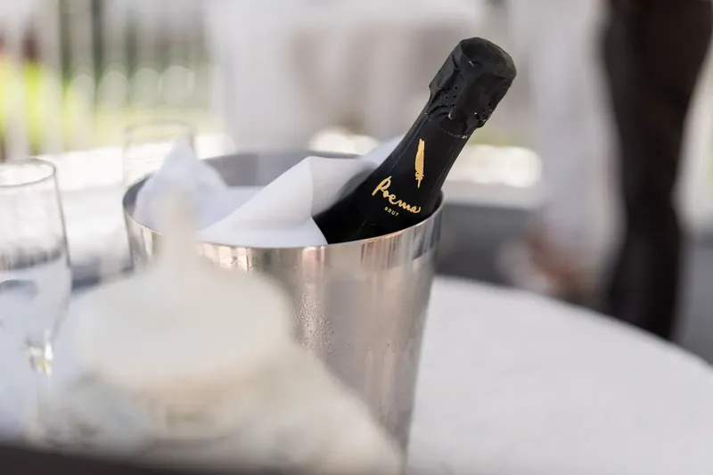 Champagne bottle chills in a silver ice bucket on the reception table.