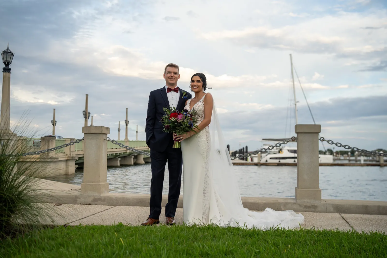 Bri and Nick portrait at bayfront with Bridge of Lions in background