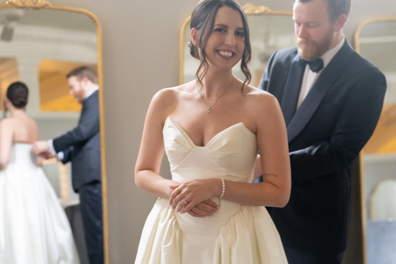 Bridey and Josh first look with mirror reflection