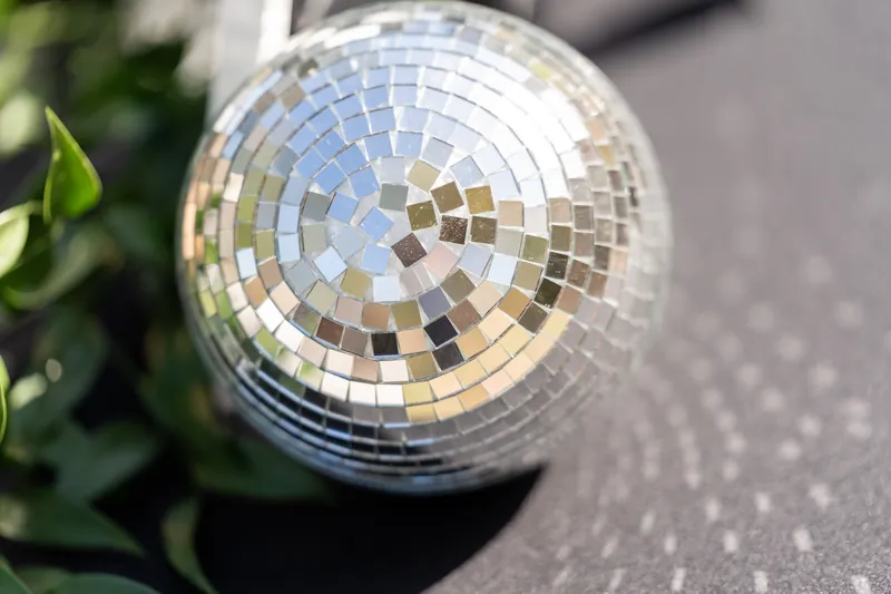 A silver disco ball ornament hanging from greenery sparkles in natural sunlight.