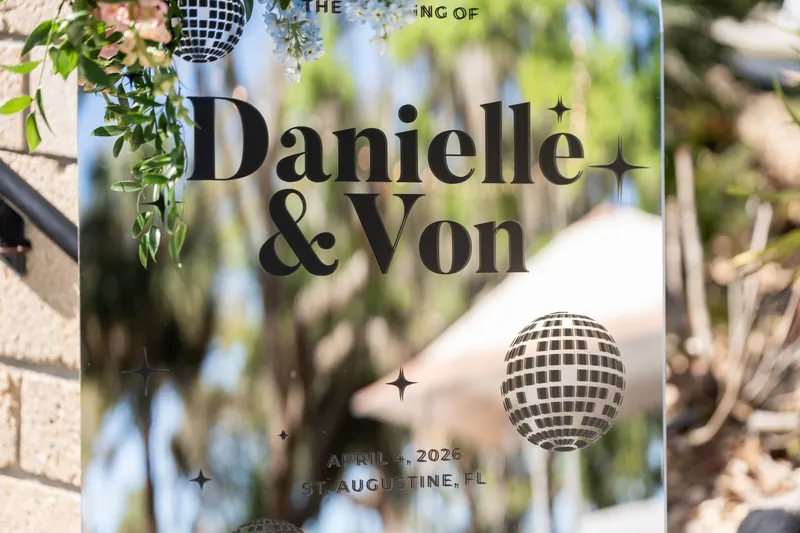 Wedding program cover reading "Danielle & Von" with date August 3, 2024, outdoors.