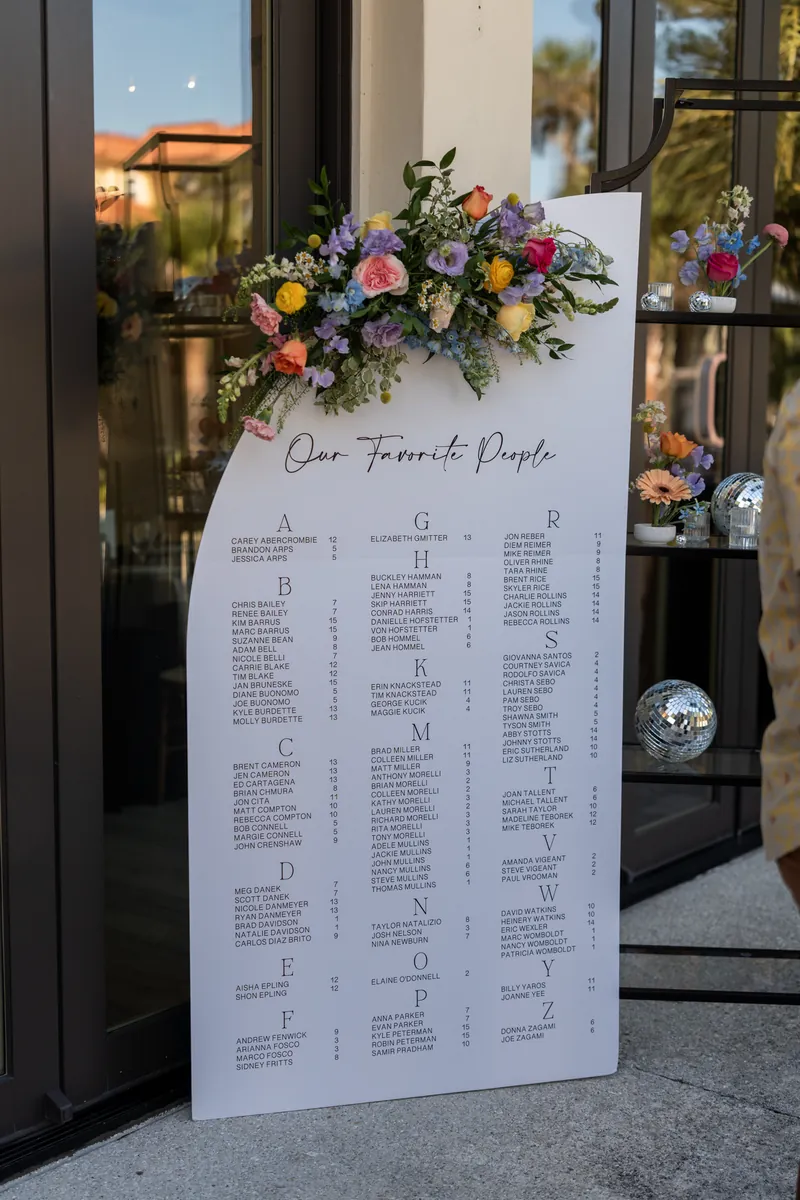 Seating chart display with colorful floral arrangement atop white board listing guest names.