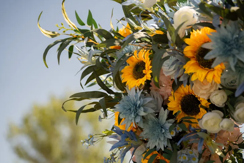 Close-up of a bridal bouquet with bright sunflowers, dusty blue flowers, and trailing greenery against a clear sky.