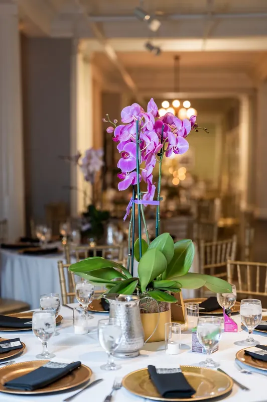 Vibrant purple orchid centerpiece rises above a formal dining table with gold chargers and black napkins.