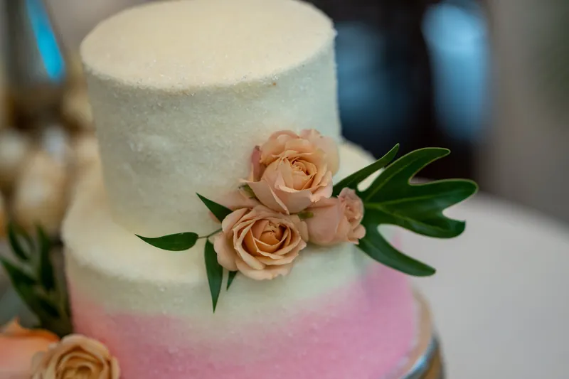 A two-tier wedding cake with white textured frosting and pink lower tier is decorated with peach roses and green foliage