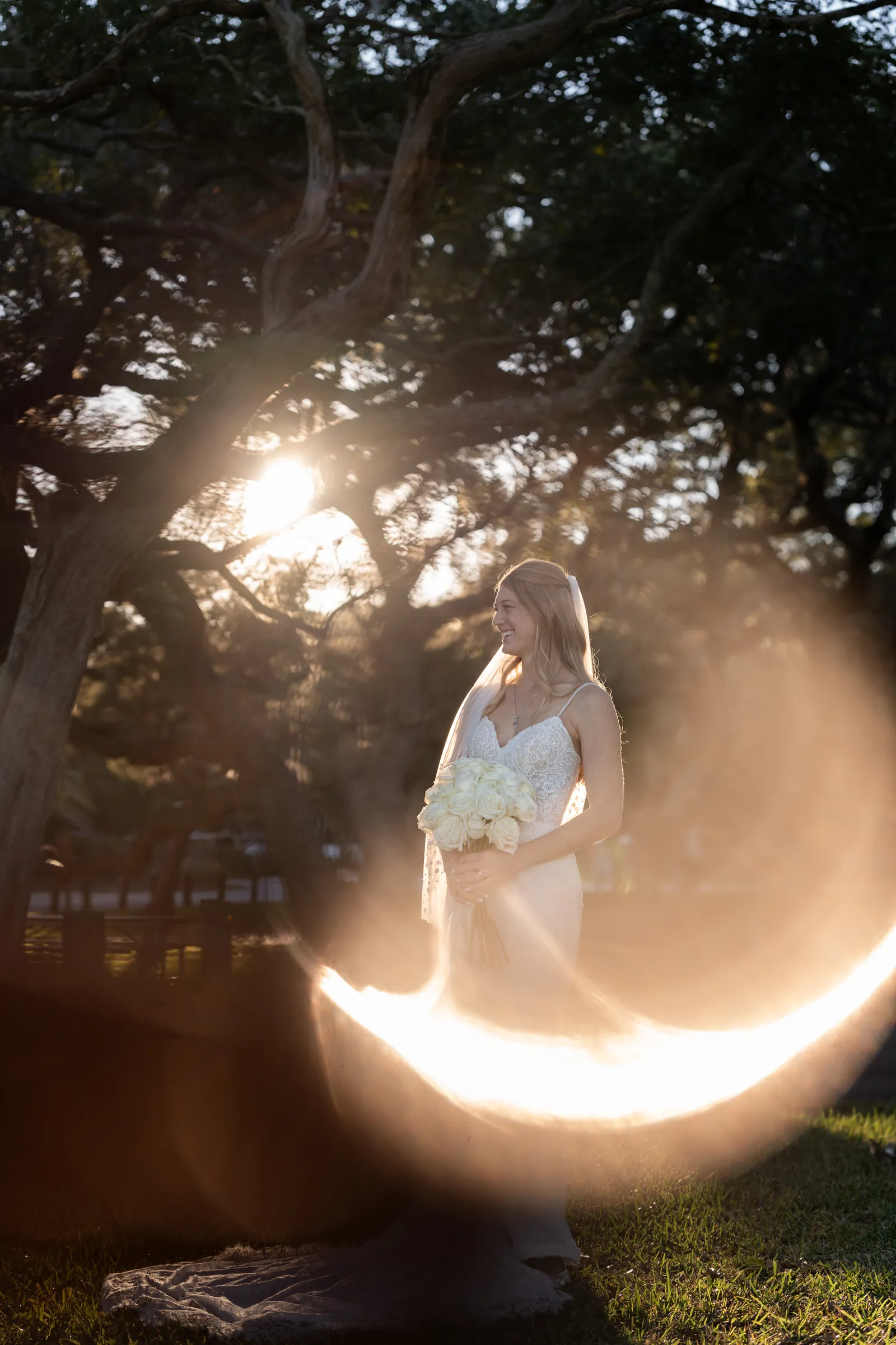 Golden hour portrait of bride and groom at St Augustine wedding