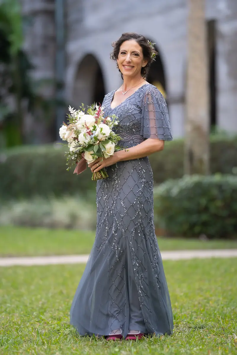 Bride full length portrait in beaded gray dress