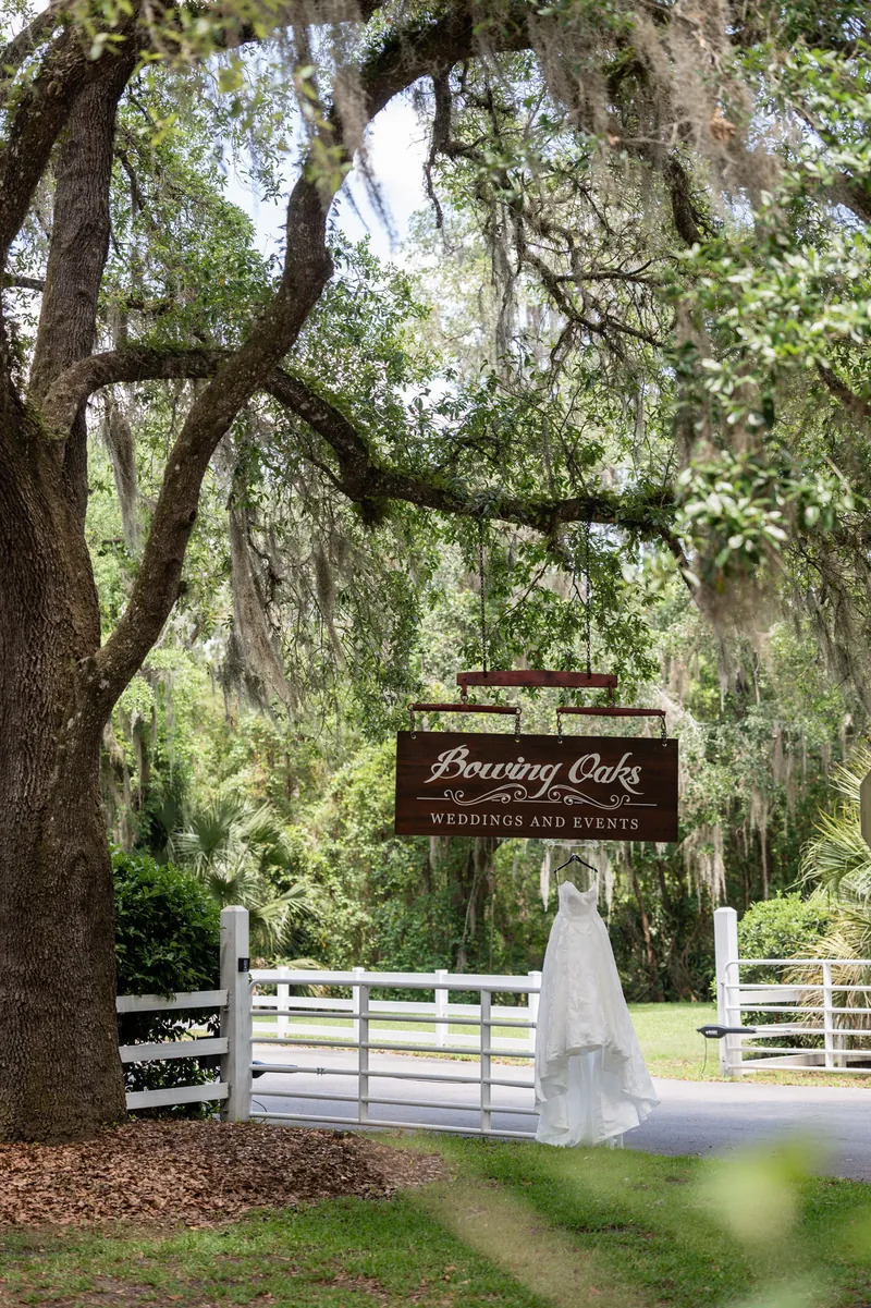 Giselle's wedding dress hangs from a tree branch at Bowing Oaks, a white gate visible below.