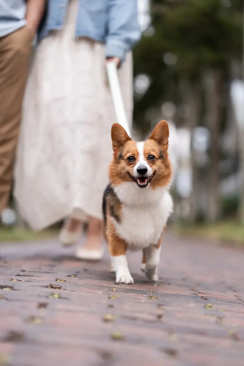 Bonnald the corgi walking toward camera on brick path with happy expression