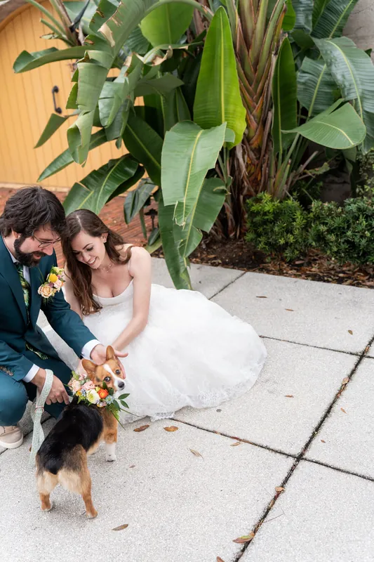 A small group including a dog stands on a courtyard path at Lightner Museum, with tropical plants and a large green leaf visible behind them.