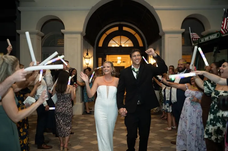 Newlyweds celebrating with friends