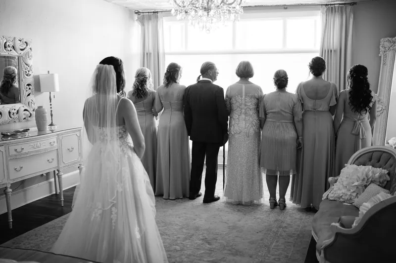 Laurel in her beaded gown faces Jake and their wedding party in an elegant upstairs room.