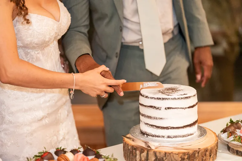Lena and Blake cut their wedding cake together with a knife, the tiered dessert on a wooden base in front of them.
