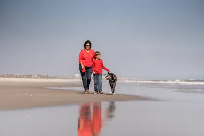 Grandmother and grandson walking the dog on Vilano Beach with reflections in the wet sand