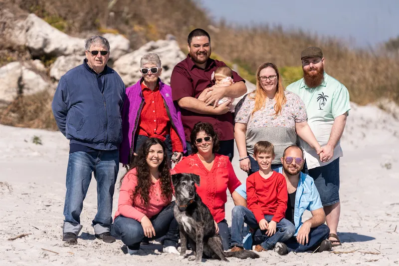 Extended family group portrait on the sand dunes at Vilano Beach