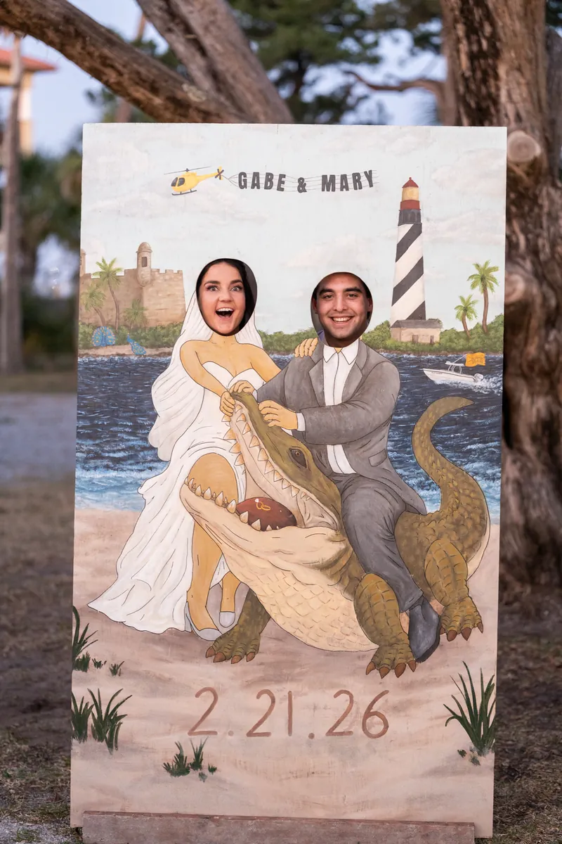 Custom Gabe and Mary photo cutout with painted alligator and St. Augustine landmarks
