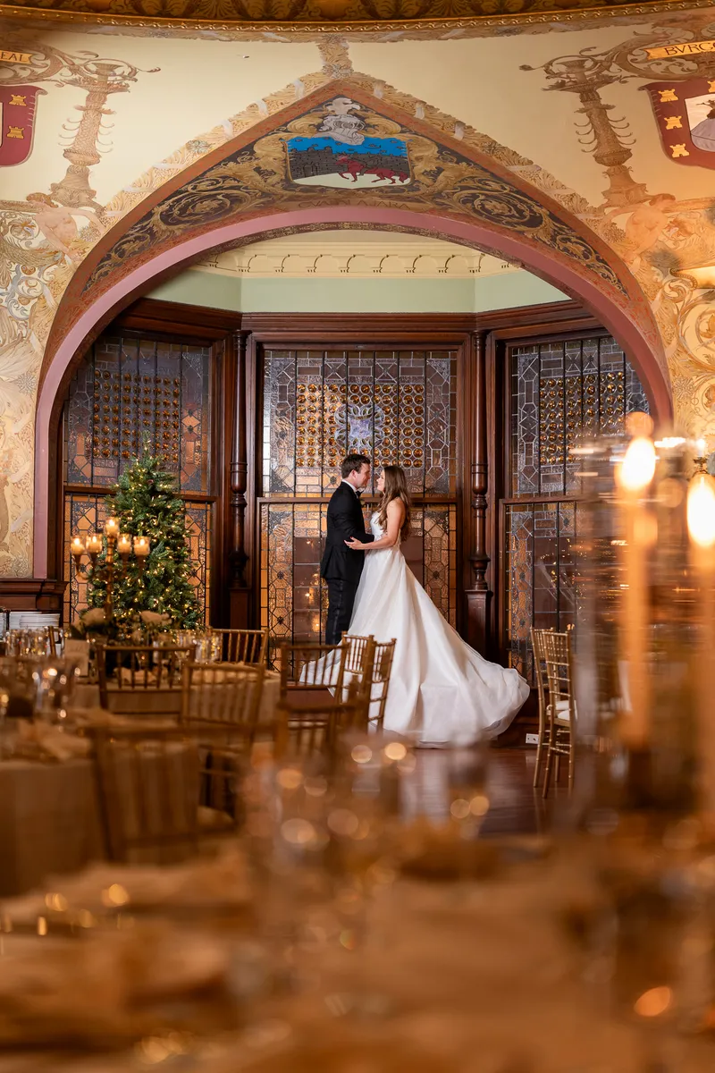 Wedding reception in Flagler College Dining Hall with Tiffany windows