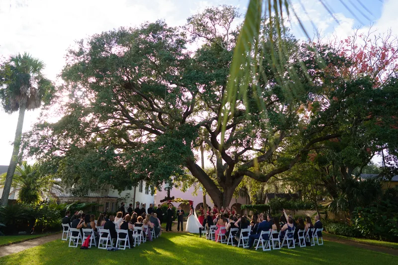 Wedding guests seated in white chairs face a large flowering tree on the lawn at The Oldest House Museum.
