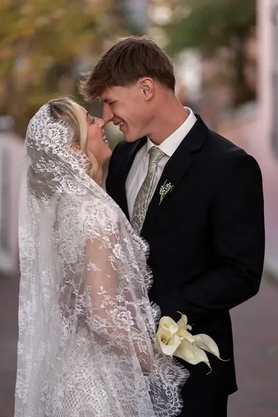 Paige and Owen sharing a moment on the streets of downtown St. Augustine
