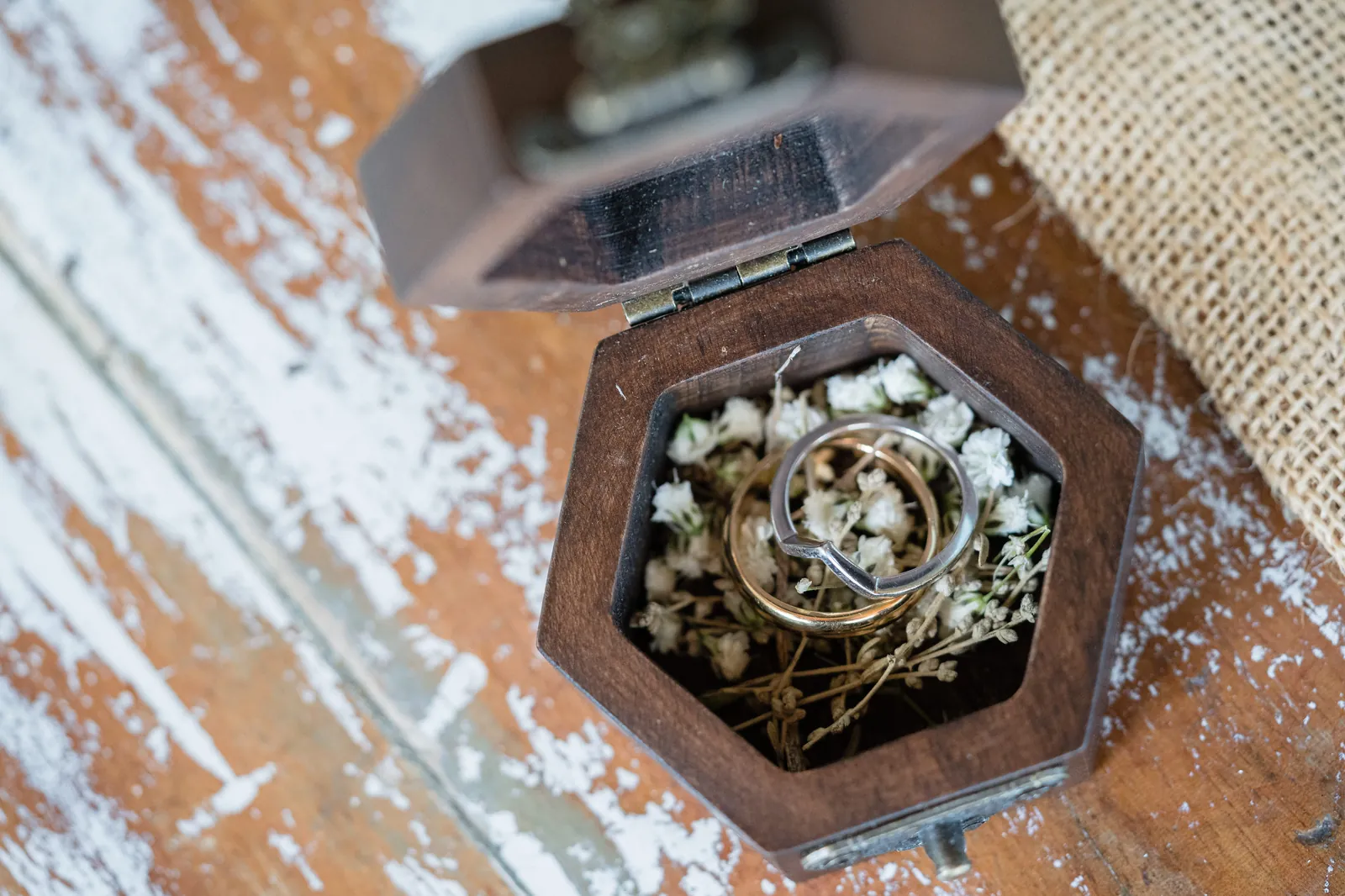 Ring box detail on distressed wood with burlap