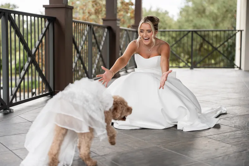 A person in a white wedding dress plays with a tan dog on a wooden deck overlooking greenery at Crosswater Hall at Nocatee, Jacksonville.