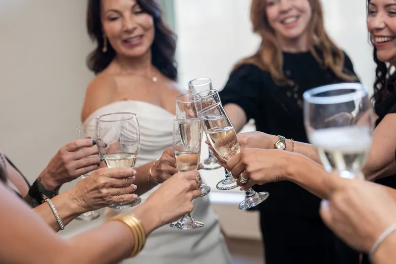 Five women clink glasses together in a toast, with Rose Ann in her off-shoulder white dress among them.