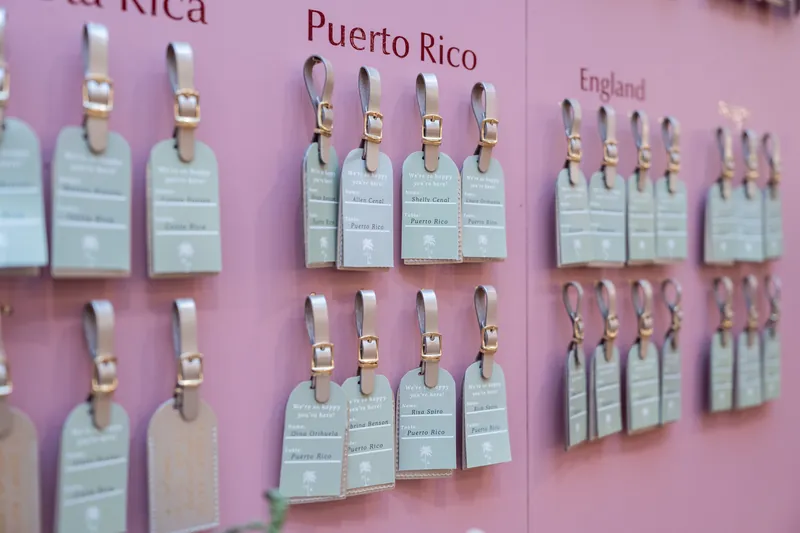 Close-up of pink board with destination labels including Puerto Rico, displaying attached escort cards clipped in rows.