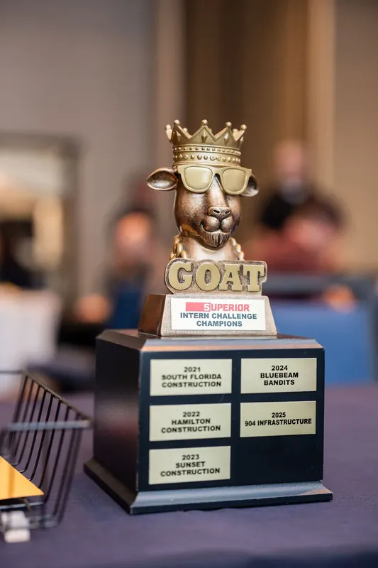 Gold goat statue wearing a crown tops a tiered trophy base with multiple engraved plaques stacked beneath it.