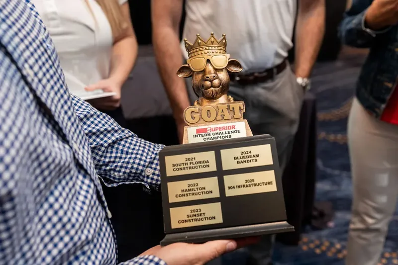 Hands holding a gold goat statue trophy with engraved nameplate sections mounted on a wooden base.