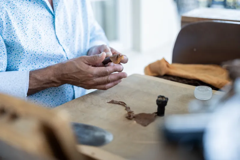 Someone in a light blue shirt holds a cigar while examining samples and materials on a table.