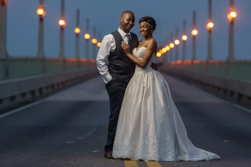 Wedding couple portrait on the Bridge of Lions in St Augustine
