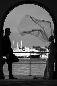 Romantic wedding veil silhouette at St Augustine marina