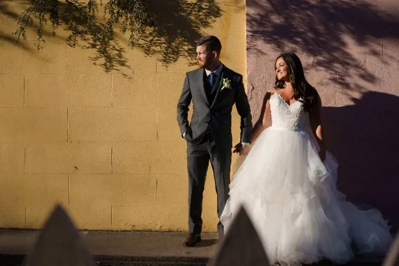 Bride and groom golden hour portrait at The White Room St Augustine