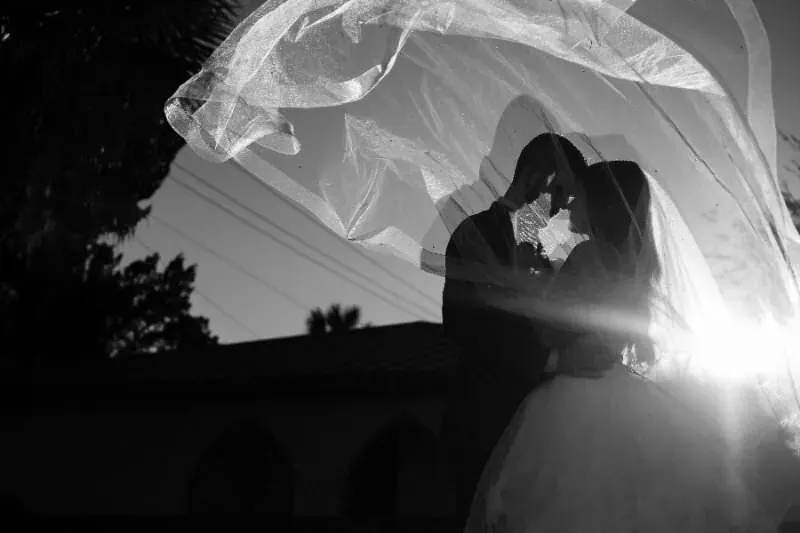 Bride and groom veil silhouette at The White Room bayfront