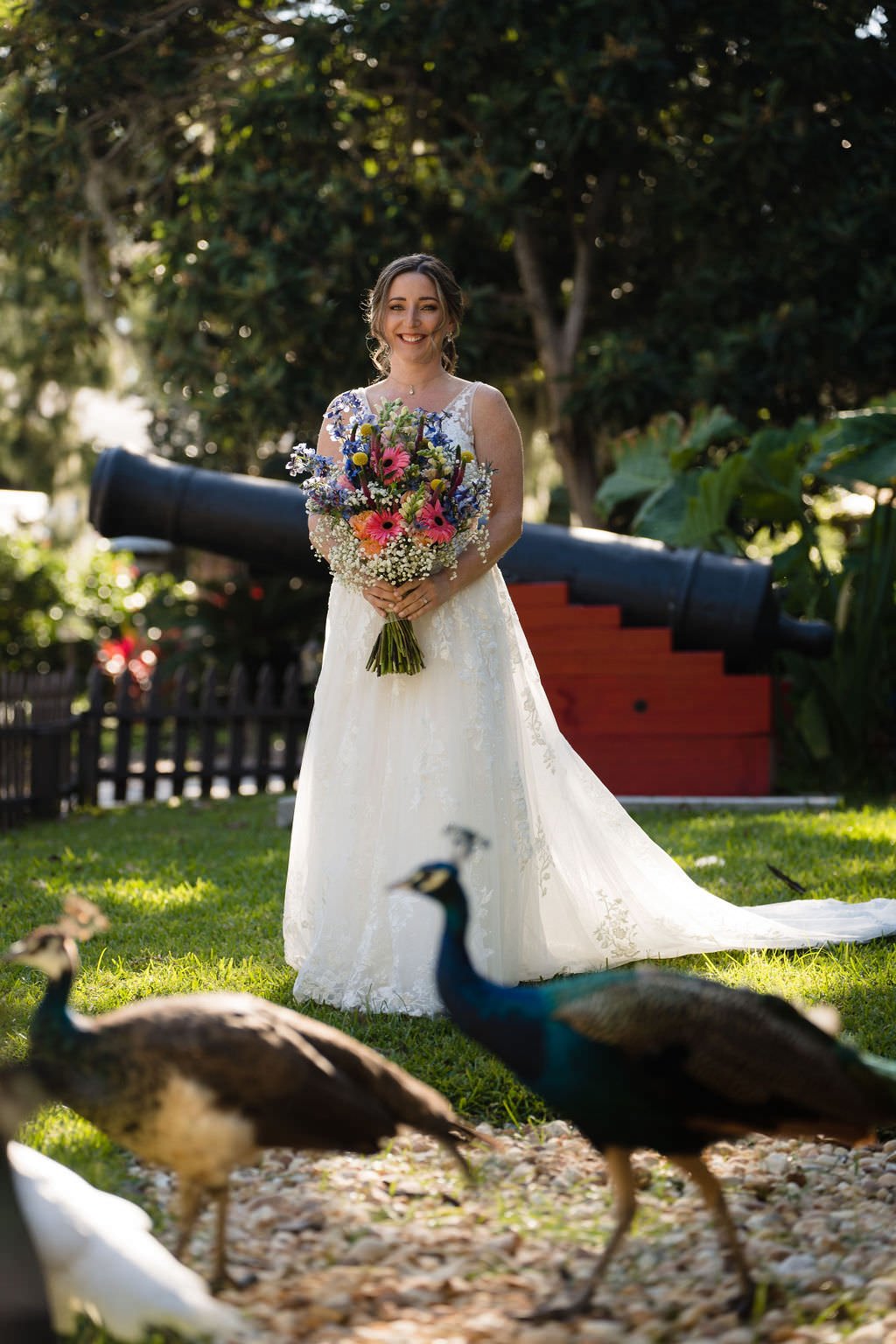 A bride with a colorful bouquet poses with peacocks and a cannon in the background wedding peacocks bride cannon colorful bouquet beautiful happy.jpg