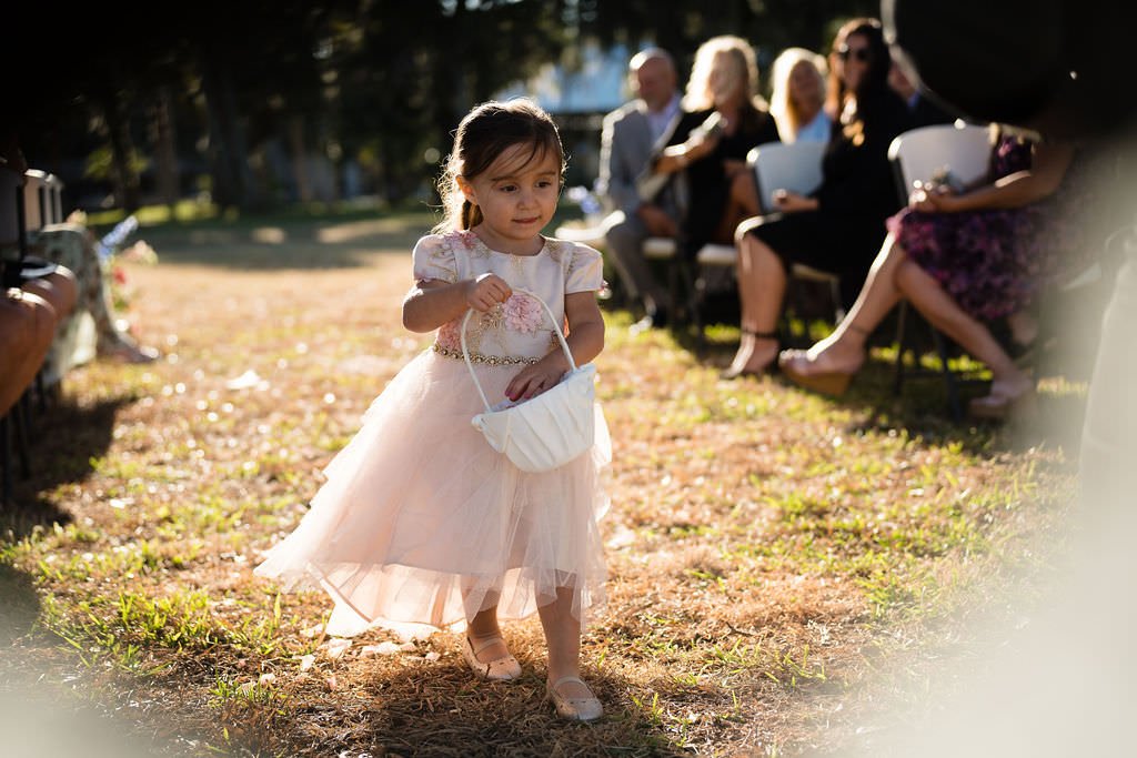 A little girl in a flower girl dress walks down the aisle She is carrying a basket of petals She s looking at her task with serious concentration.jpg